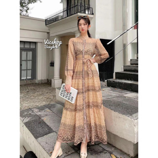 Maxi dress(no inner) เสื้อคลุมตัวยาวหรือเดรสยาว คอกลมติดกระดุมหน้า​ผ้าชีฟองลายซีทรูบาง ไม่มีซับในแขนยาว​พร้อมเชือกผูกเอว