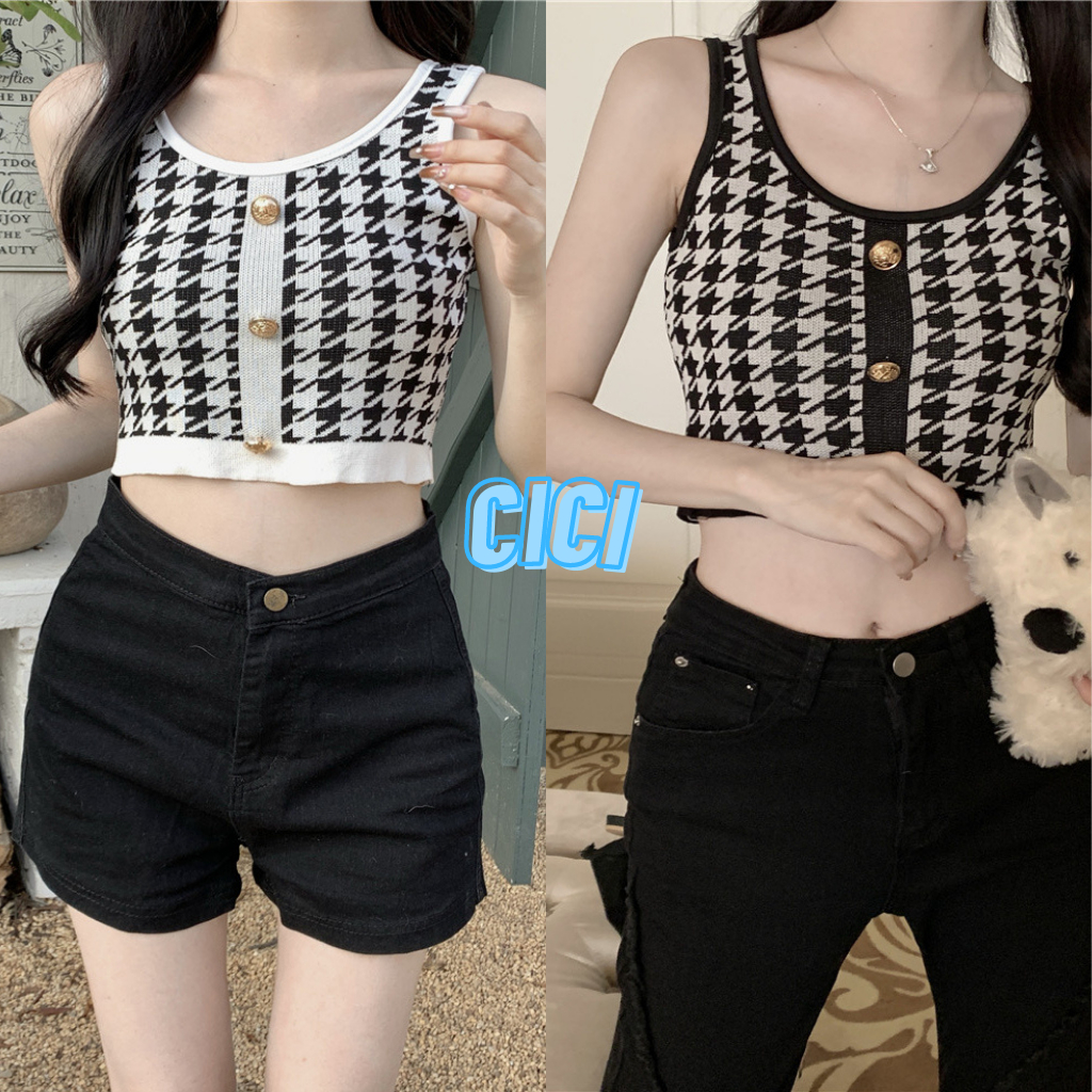 ส่งทันที Cici(NO. 70216)เสื้อครอปกล้ามลายชิโน แต่งกระดุมทองมินมอลน่ารักๆใส่ง่ายมาก