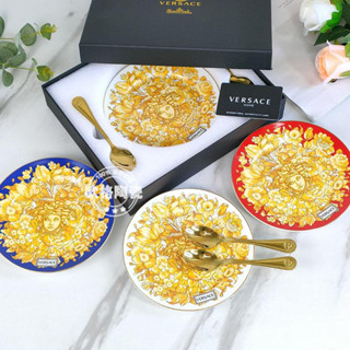 Versacesuropean style retro 8 pieces of cake Dim sum plate small yellow flower light luxury small plate gold spoon plat