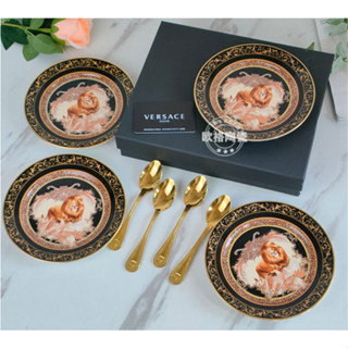 Versace European style luxury retro cake Dim sum plate Lion King gold spoon plate bone china plate 4 plates 4 spoons