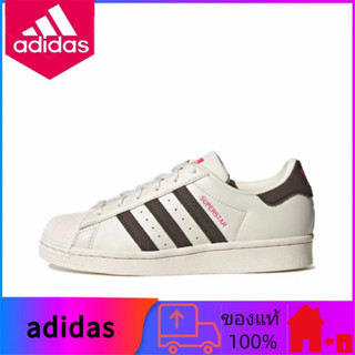 Adidas ของแท้ 100% Superstar รองเท้าผ้าใบลําลองลําลองสีขาวน้ําตาล