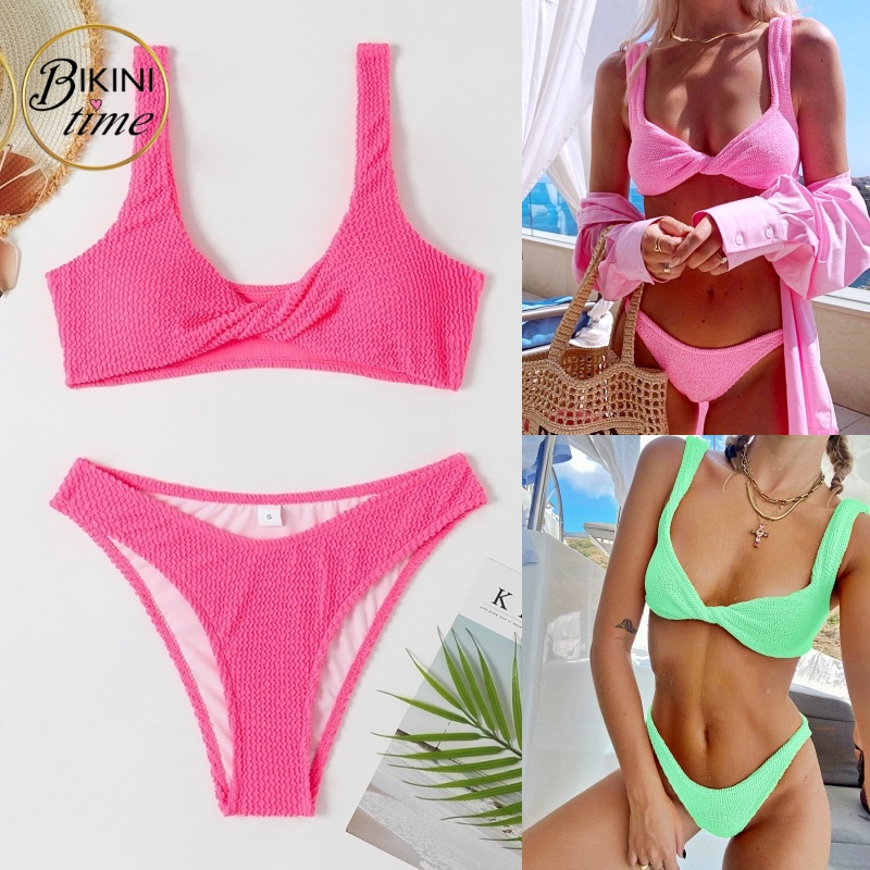 🏖BikiniTime (S,M,L) SB233 มี5สี บิกินี่ทูพีช  ผ้าร่องอกบิด ขาเว้าทรงวี งานสวยสีหวาน ชุดเที่ยวทะเล