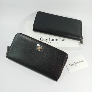 Guy Laroche กระเป๋าสตางค์ผู้หญิงใบยาว ซิปรอบ สีดำ หนังลาย ผิวเงา อะไหล่สีทอง หนังแท้ ของแท้100%