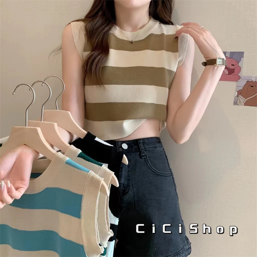 Cicishop(A482)เสื้อครอปแขนกุดคอกลม ทูโทน ผ้านิ่มใส่สบายสไตล์เกาหลี