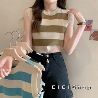 Cicishop(A482)เสื้อครอปแขนกุดคอกลม ทูโทน ผ้านิ่มใส่สบายสไตล์เกาหลี