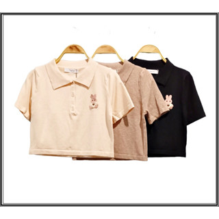 เสื้อไหมพรมครอป คอปก ปักที่อก แขนสั้น