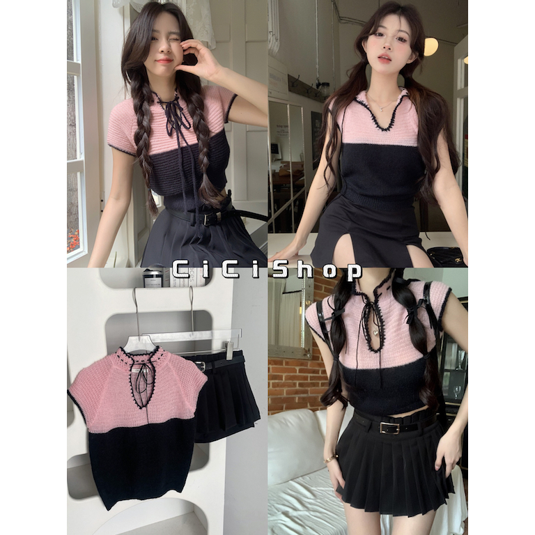 Cicishop(T2121)เสื้อแขนกุดไหมพรมถัก คอวี สีทูโทน น่ารักใสๆหัวใจสี่ดวง