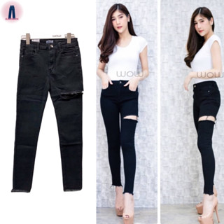 Wow jeans กางเกงยีนส์เอวสูงขาเดฟสกินนี่สีดำขาดข้าง #6068 jeansdede