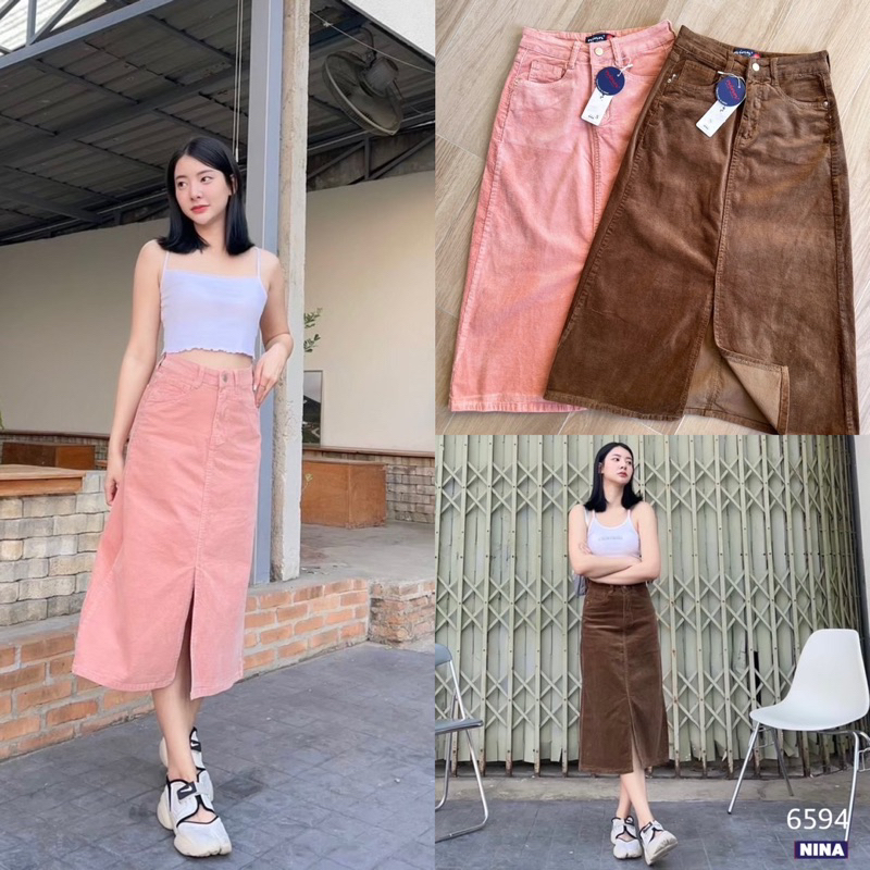 STF_SHOP #6594 กระโปรงผ้าลูกฟูก งานผ้ายืด เอวสูงปรี๊ด แต่งผ้าหน้าสวยๆ งานเรียบหรู แต่ดูน่ารัก