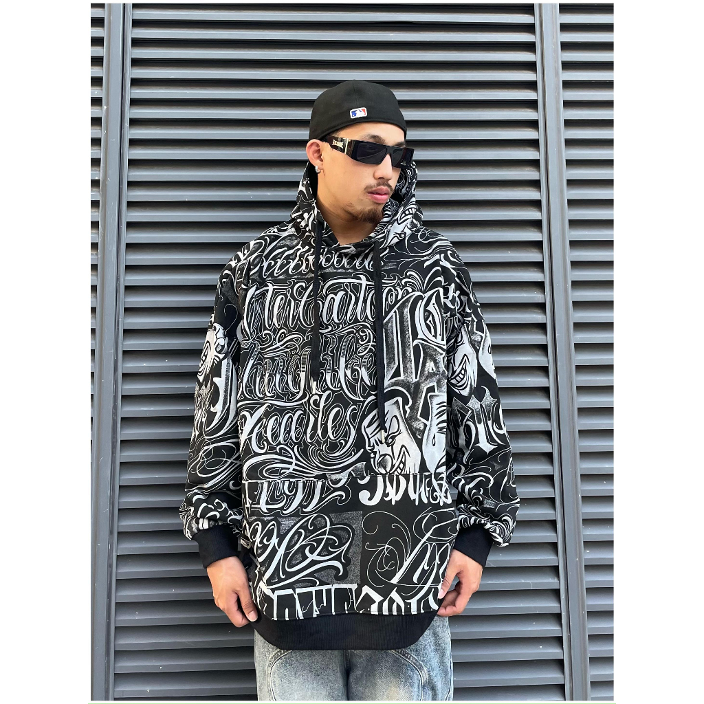 เสื้อสเวตเตอร์มีฮู้ด แบบอักษรรอยสักของ American West Coast HIPHOP street Chicano