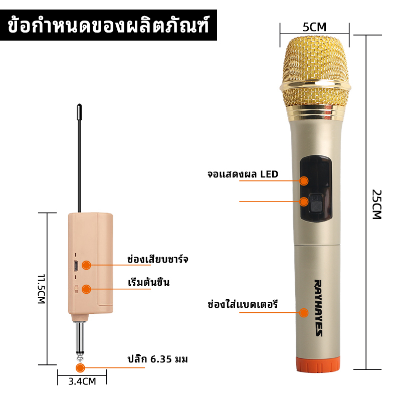RAYHAYES ไมโครโฟนไร้สาย Original Dual Handheld Professional ไมโครโฟนคาราโอเกะพร้อมตัวรับสัญญาณ