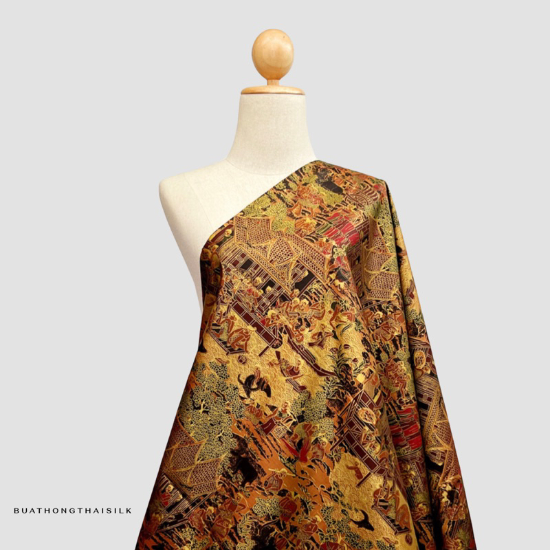 TRADITIONAL THAI VILLAGE DESIGN PRINTED THAI SILK FABRIC - ผ้าไหม ไทยแท้ พิมพ์ลาย ลวดลาย เรือนไทย