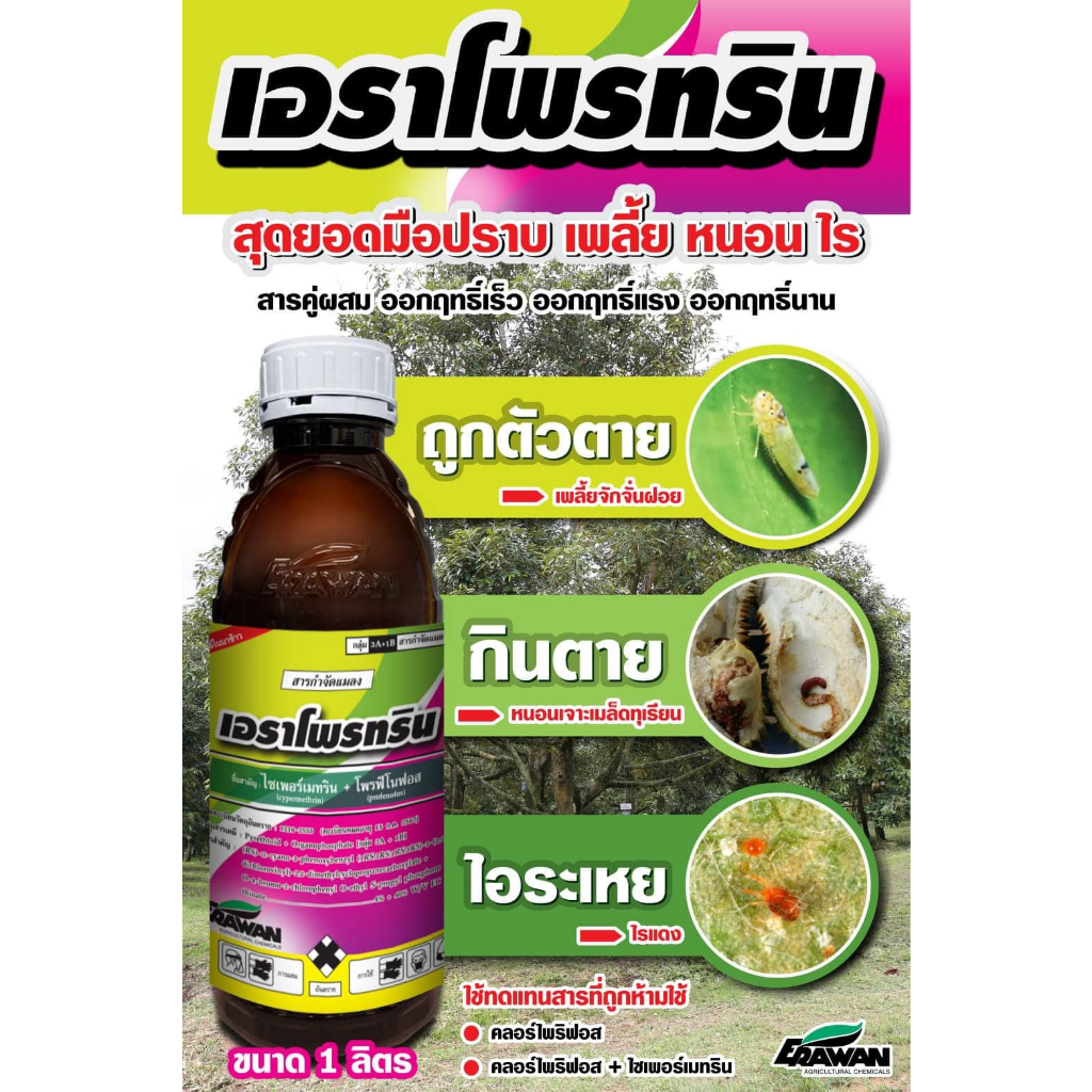 เอราโพรทริน ขนาด 1 ลิตร ไซเพอร์เมทริน+โพรฟีโนฟอส ถูกตัวกินตาย คุมไข่หนอน  เพลี้ยไฟ เพลี้ยแป้งด้วงหมัดผัก  มวน บั่ว กำจัด
