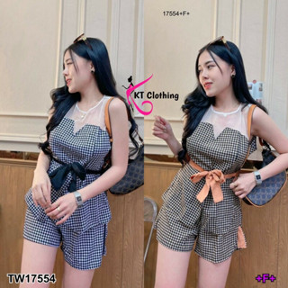 TT17554 Set 2 ชิ้น เสื้ออกหยักลายชิโนริ มีเชือกผูก + กางเกงขาสั้นลายชิโนริ Set of 2 pieces: chinori pattern wavy shirt w