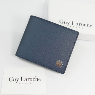 Guy Laroche กระเป๋าสตางค์ผู้ชาย พับสั้น สีน้ำเงินดำ หนังแท้ หนังลาย โลโก้ GL สีเงิน ของแท้100%