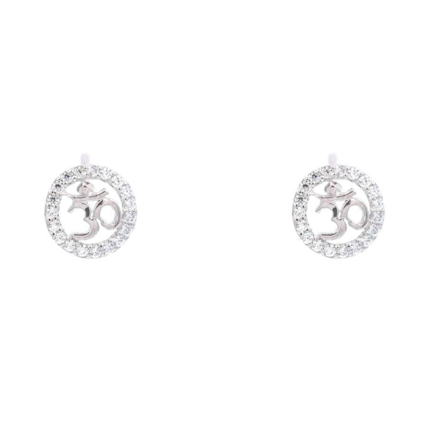 Lucky Gems ต่างหูเงินแท้ 925 เพชร CZ ชุบโรเดียม ต่างหูโอม เพชรล้อม LkER106