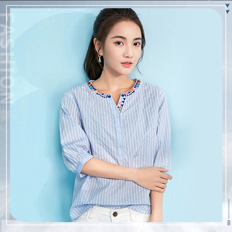 FBAShop แบบใหม่ขายดี เสื้อแขนสามส่วนแฟชั่น เสื้อคอจีนขอบคอปักลายดอกไม้ รุ่นนี้ผ้าดีมากใส่สบาย สีสันสวยงาม