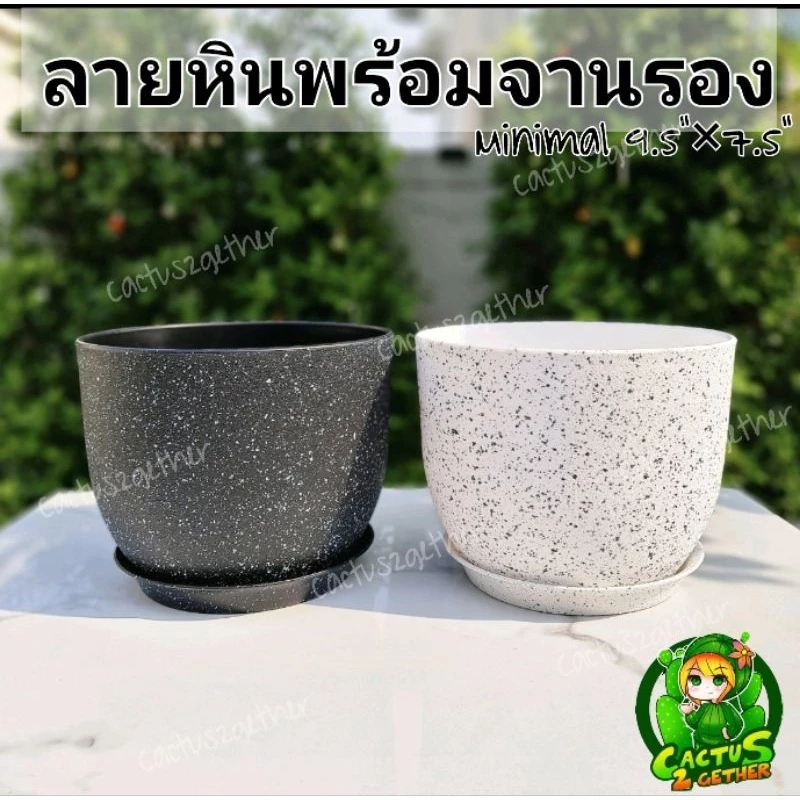 กระถางพลาสติก"ลายหิน"พร้อมจานรองขนาดกว้าง9.5"และ11"