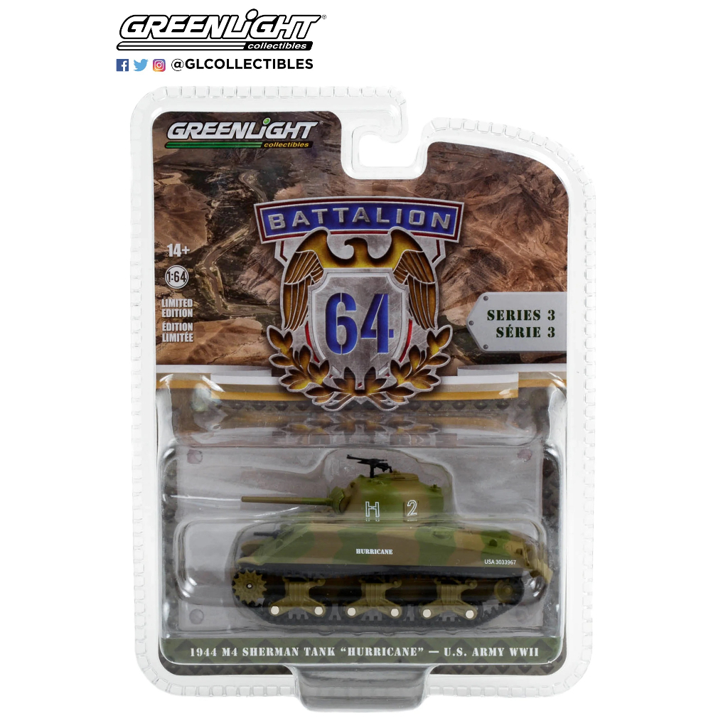 Greenlight 1/64 Battalion 64 Series 3 - 1944 M4 Sherman Tank Hurricane - U.S. Army WWII 61030-B