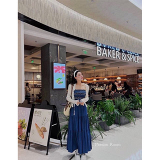 Strapless denim shirt, kawaii styleเสื้อยีนส์เกาะอกแฟชั่นสุดชิคสไตล์เกาหลีดีเทลสม็อคยืดทั้งตัว