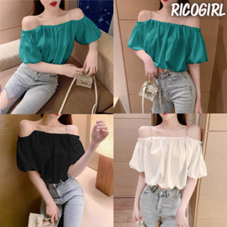 【RicoGirl】 *พร้อมส่ง*  เสื้อสายเดี่ยวแขนสั้น ปาดไหล่ แต่งแขนพองๆ น่ารักมาก  #830 เสื้อยืด