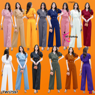 TwinsShopVip💗พร้อมส่ง TW17597 Set 2 ชิ้น เสื้อครอปปกแขนพองติดกระดุม + กางเกงขายาว