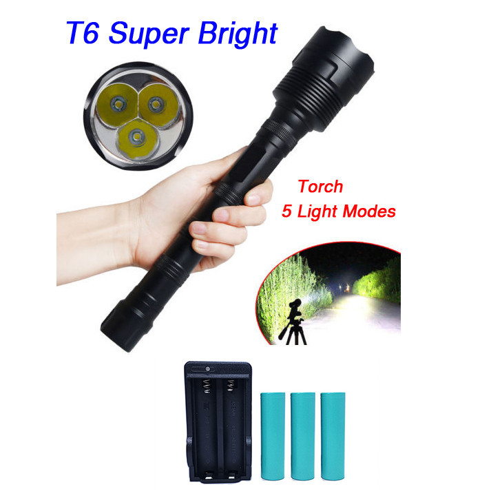 ไฟฉายแรงสูง Super Bright 8000 Lumens 3 x CREE XM-L T6 LED Flashlight Torch + 3X 18650 battery + Charger
