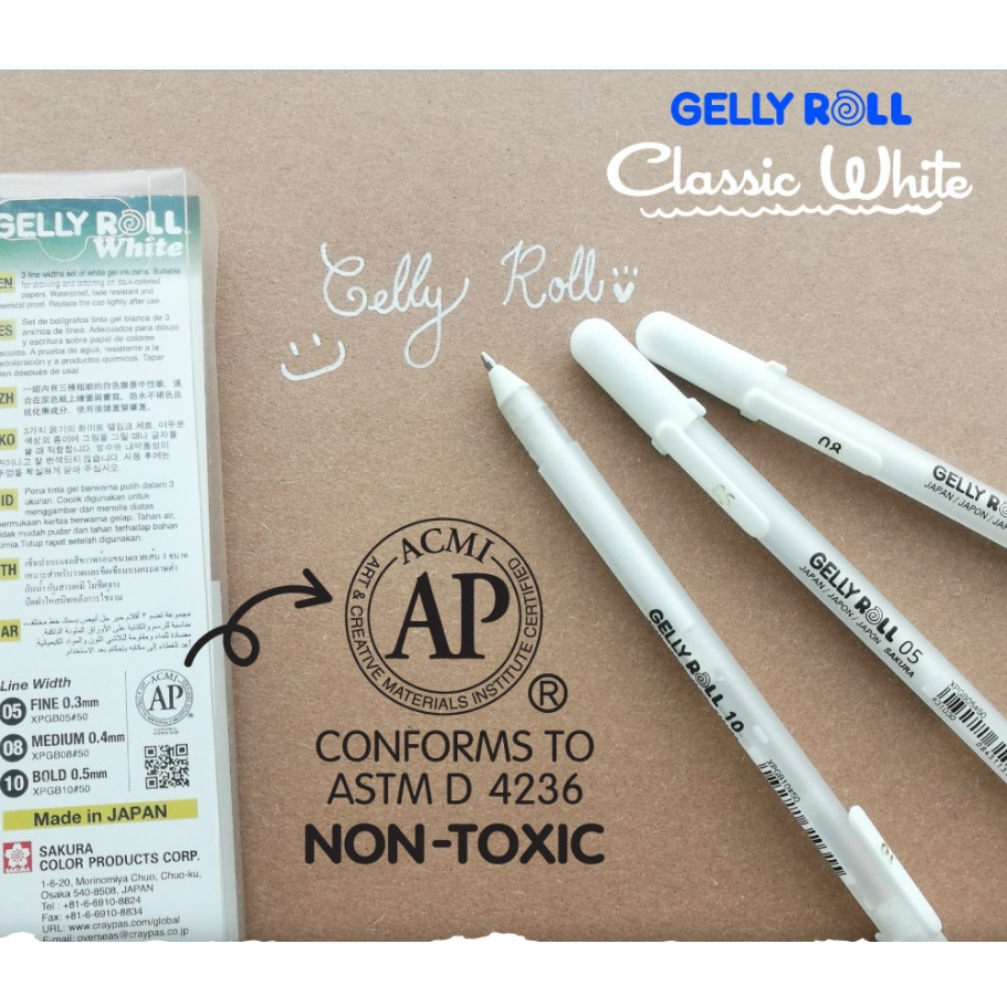 ปากกา เจลสีขาว แบนด์ซากุระ แบบชุด 12 ด้าม หัวขนาด Gelly roll สีขาว เบอร์ 05(0.3 มม) 08 (0.4 มม) และ 10(0.5 มม )