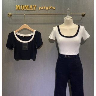 (mo1)เสื้อครอป เสื้อยืดครอปงานป้ายmomay เสื้อครอปทรงคอUกุ้นขอบ สีขาวตัดดำ เสื้อครอปอก 32-36" เสื้อยืดเอวลอย