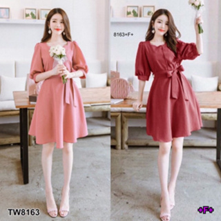 CS8163  เดรสแขนตุ๊กตาคอเหลี่ยม + สายผูกเอว Square neck doll sleeve dress + waist strap