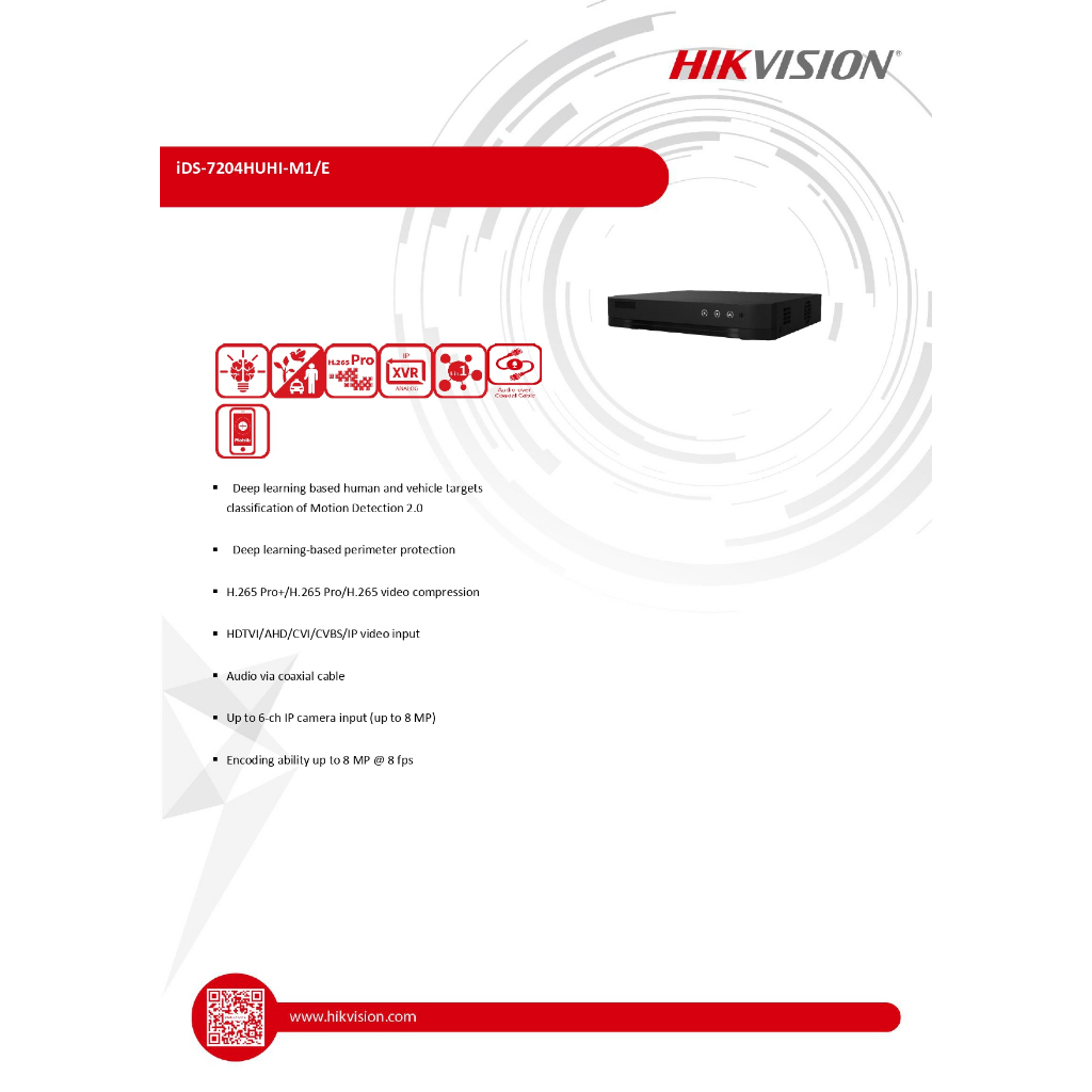HIKVISION เครื่องบันทึกกล้องวงจรปิด 5MP 4CH H.265 AcuSense DVR รุ่น iDS-7204HUHI-M1/E(C)