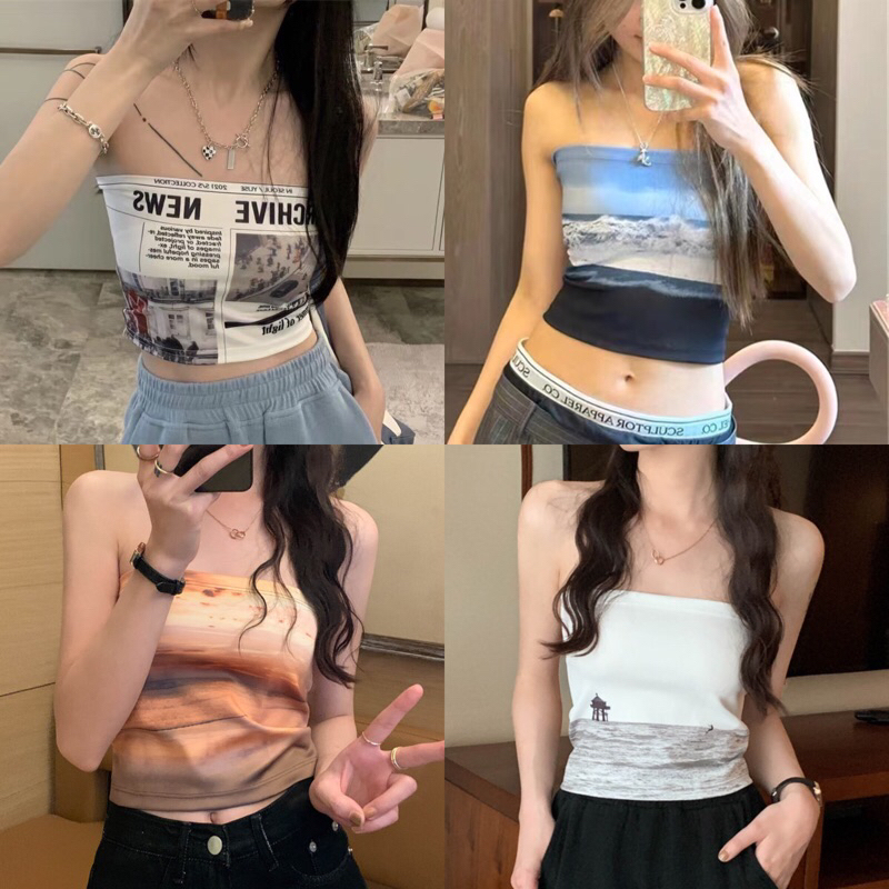 Lady_Sakura 389/F.B#เสื้อเกาะอก ผ้ายืด พิมพ์ลายดอกไม้ ทะเล พระอาทิตย์ตก