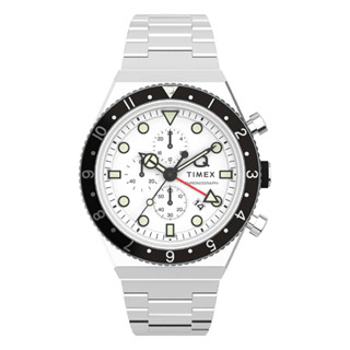 TIMEX TW2V69900 Q Timex Three Time Zone Chronograph นาฬิกาข้อมือผู้ชาย สีเงิน-ขาว หน้าปัด 40 มม.