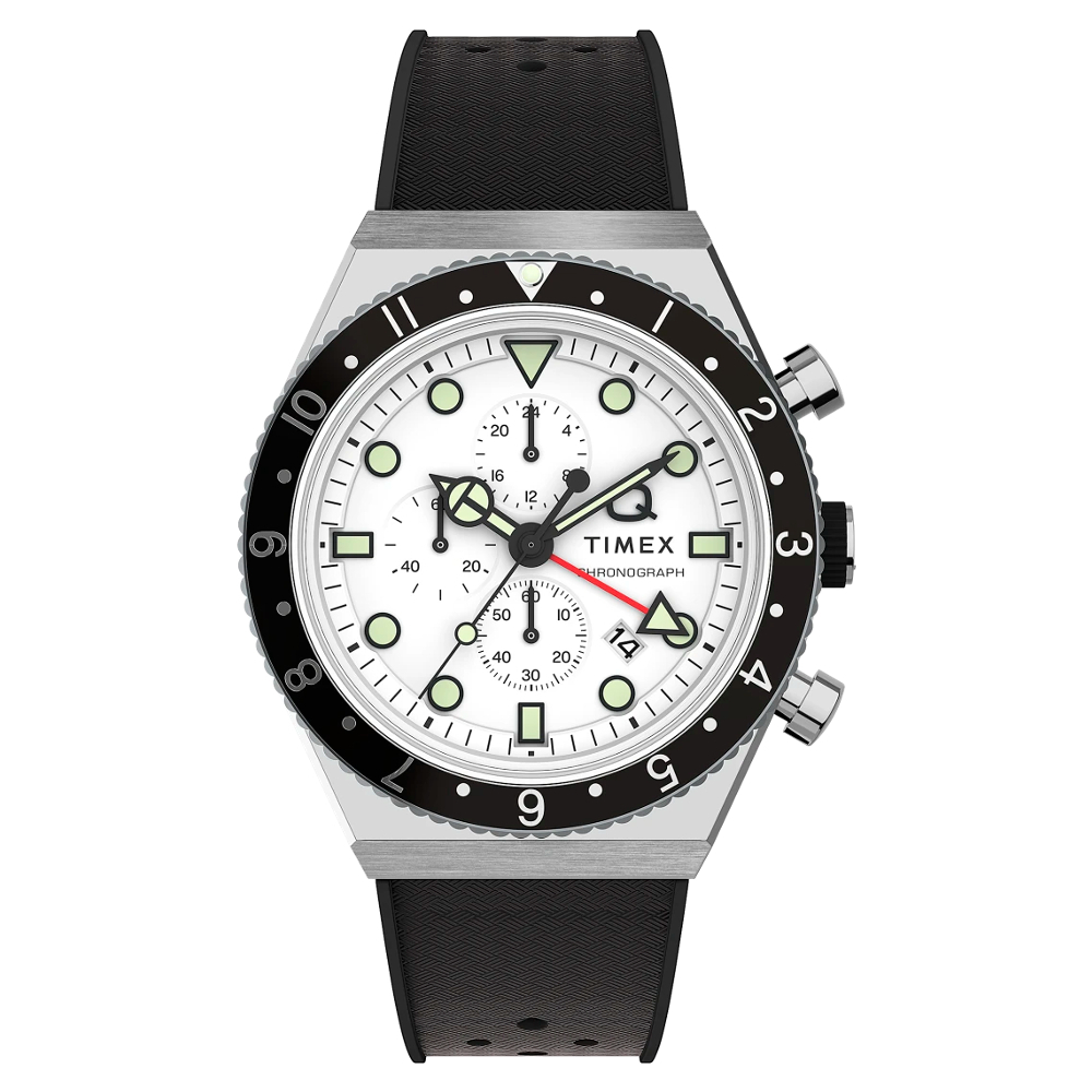 TIMEX TW2V70100 Q Chronograph นาฬิกาข้อมือผู้ชาย สายซีลีโคน สีดำ-ขาว หน้าปัด 40 มม.