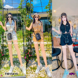 TW15415 Set 2 ชิ้น เสื้อแขนกดคอปกกระดุมหน้า ปักโลโก้ + กางเกงขาสั้น