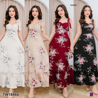 TT18466 แม็กซี่เดรสยาว สายผูกไหล่ สายผูกเอว ลายดอกไม้ Long maxi dress, shoulder straps, waist strap, floral print