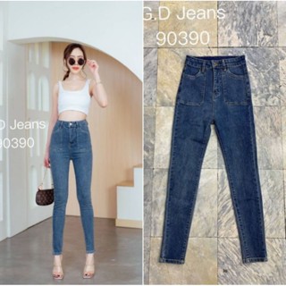 G.D.Jeans รุ่น  90390#กางเกงยีนส์ขายาวผ้ายืดสียีนส์เข้มออกสนิมหน่วยเอวสูงทรงเดฟเรียบแต่งกระเป๋าหน้าดุมทอง