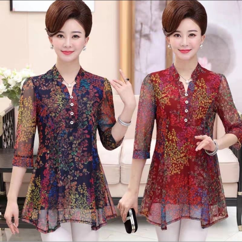เสื้อผ้าชีฟอง ปกตั้ง เเขนสามส่วน เข้าทรง คลุมสะโพกยืดได้#ซับในเต็มตัว เสื้อตัวยาว#ส่งฟรี#พร้อมส่ง#สีแดง#สีน้ำเงิน#สีม่วง