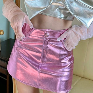 MINI SKIRT METALLIC WITH  PANTS  Y2K กระโปรงสั้น กระโปรงหนัง ข้างในเป็นกางเกง สีชมพู เมทาลิค