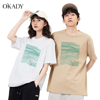 OKADY เสื้อยืดผู้ชายแฟชั่นสไตล์เกาหลีลำลองแขนสั้นด้านบนรุ่นคู่ผ้าคุณภาพสูงพิมพ์ลายทางรุ่น