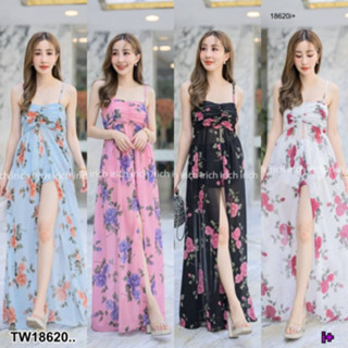 B18620 set 2 ชิ้น เดรสสายเดี่ยว ผ่าหน้าลายดอกไม้ + กางเกงขาสั้น .set of 2 pieces, strapless dress Flower pattern front c