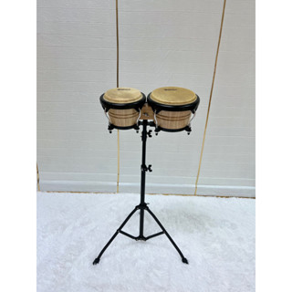 Rock กลองบองโก้ไม้ Wood Bongo รุ่น สีไม้ อะไหล่ดำ ฟรีขาตั้ง