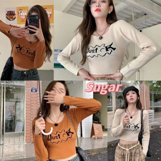 Sugar🌈พร้อมส่ง🌈เสื้อไหมพรม สไตล์เกาหลี แขนยาว คอกลม ขาดหลัง(5K35)