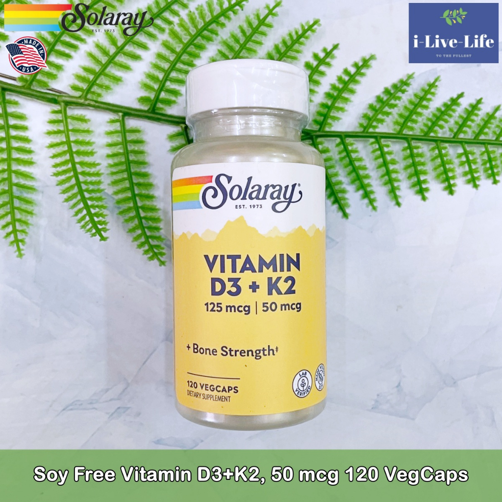 วิตามินดี 3 + วิตามินเค 2 Soy Free Vitamin D3+K2 50 mcg 120 VegCaps - Solaray