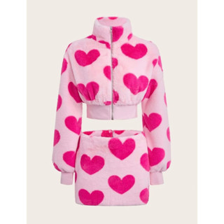 SHEIN ICON แจ็กเกต+กระโปรง💗ลายหัวใจแต่งขน💋น่ารักๆ💕