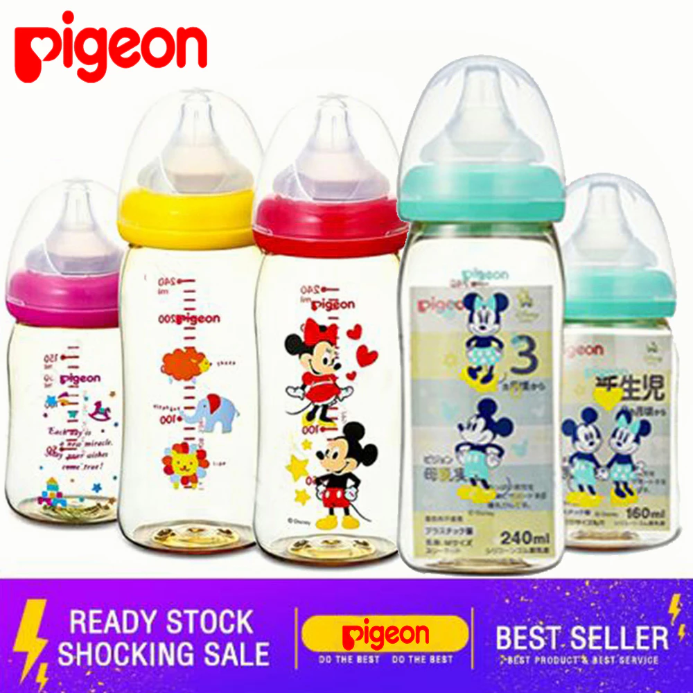 Pigeon ขวดนม คอกว้าง ลายการ์ตูนมิกกี้เมาส์ สีชา สำหรับเด็ก ขนาด 5 8 ออนซ์ 160 มล. 240 มล. รุ่น PPSU