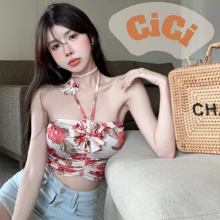 Cici(NO.K019)เกาะอกผ้าซาตินลายดอก ดีเทลสายคล้องคอ สายสามารถรูดปรับได้ตามสไตล์