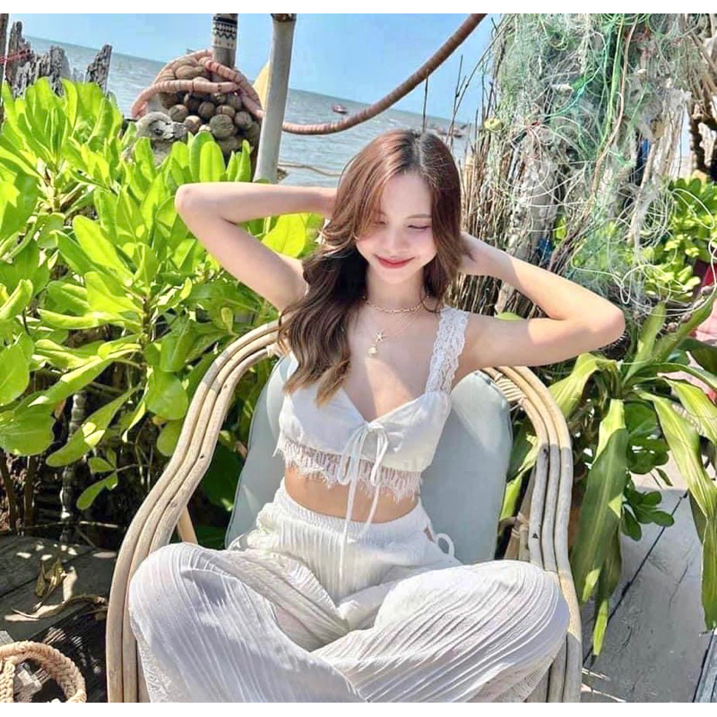 ‼️พร้อมส่ง‼️ ☁️ชุดเซ็ตไปทะเล☁️ ☀️ ชุดเซ็ตกางเกงขายาว ผ้าด้อบบี้ เสื้อครอปสายเดี่ยว +กางเกงขายาว ☀️🌷