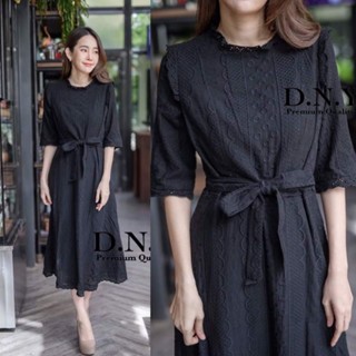 เดรสดำออกงาน!!! M-4XL Maxi Dress เดรสสีดำผ้าฉลุลายแขนทรงสามส่วน+สายผูกเอว งานป้าย DNY