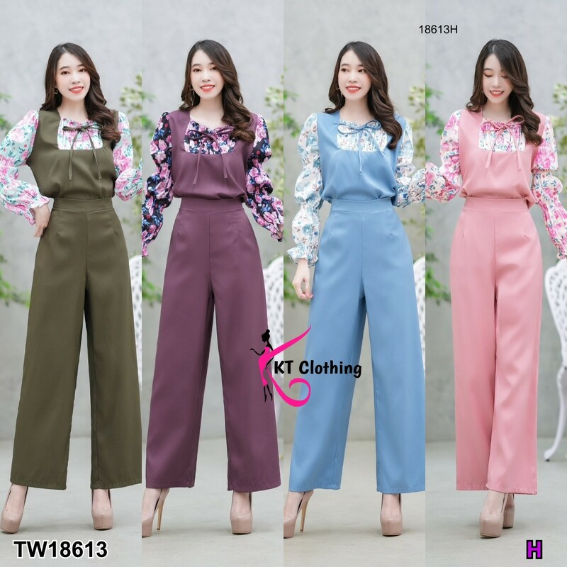 Set 2 ชิ้น เสื้อทูโทนแขนจั๊มลายดอก+กางเกงขายาว TT18613 / TT22041
